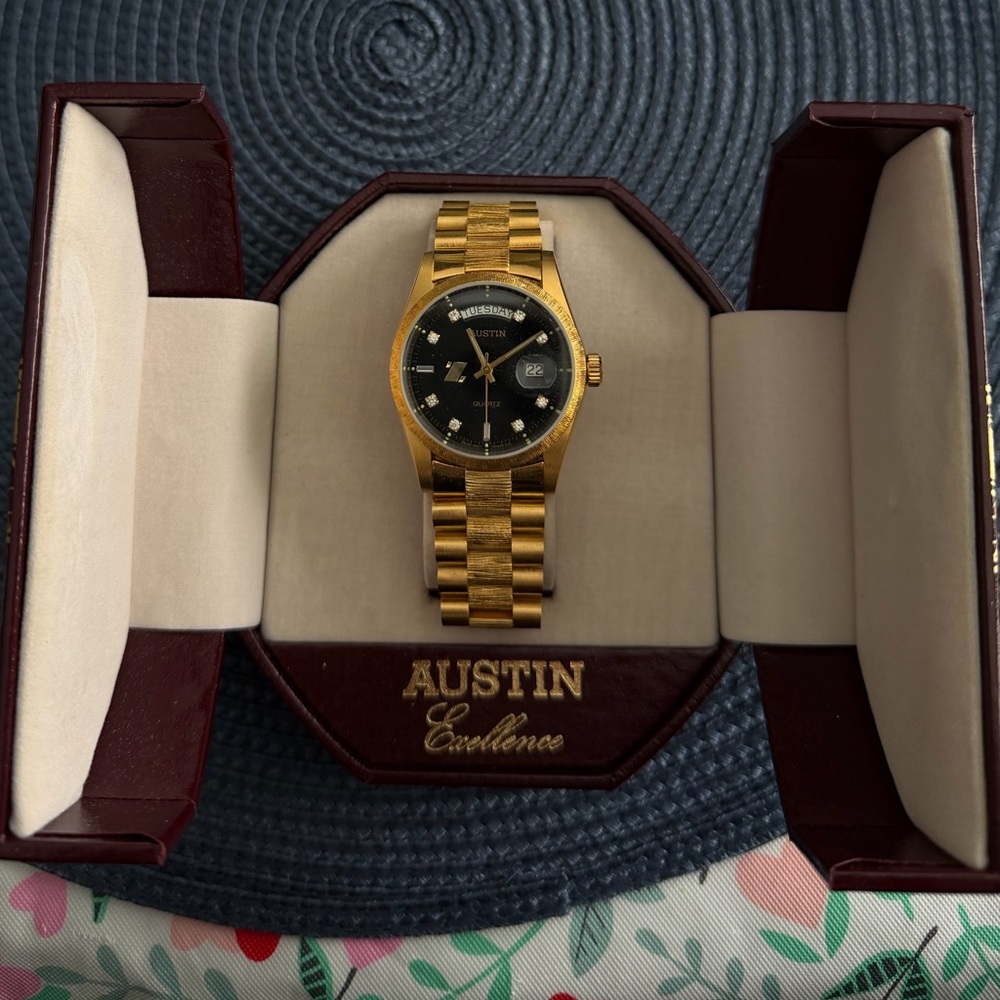 Austin Excellence Gold-Tone Day & Date Watch – Brand New w/ Box